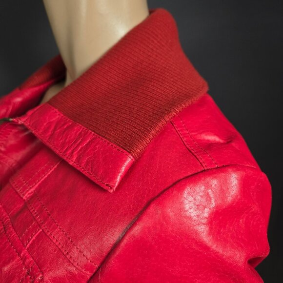 Y2K Red Leather Bomber Moto Jacket Size S Short Cropped Zip Up 2000s - Picture 5 of 12